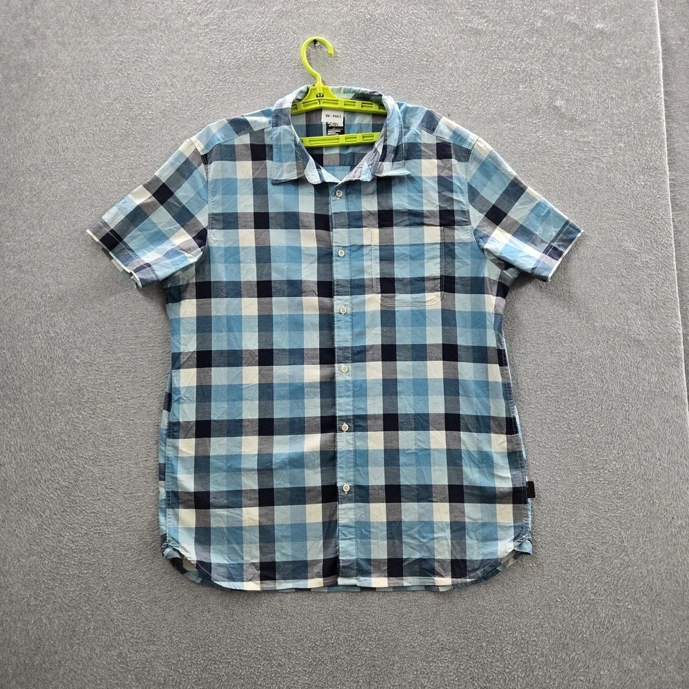 The North Face Men Button Up Shirt XL Blue Plaid Logo Short Sleeve
